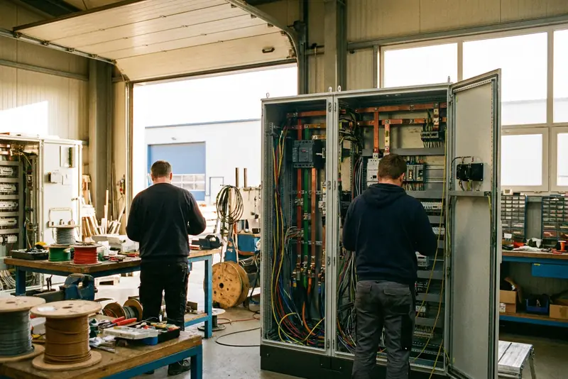 Deux câbleurs de dos devant des armoires électriques ouvertes, dans un atelier de câblage.
