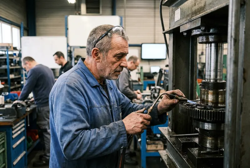 Technicien de maintenance contrôlant une presse hydraulique dans un atelier automobile