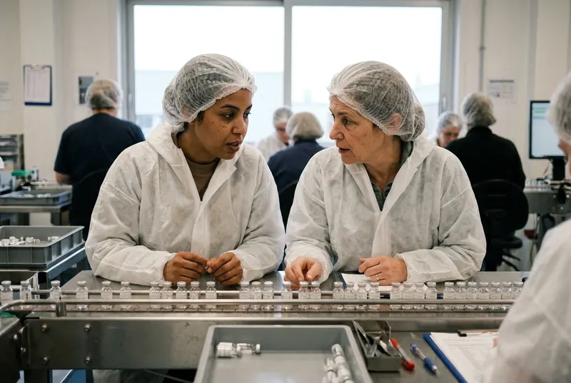 Deux techniciennes en tenue de salle blanche contrôlant la qualité sur une ligne pharmaceutique.