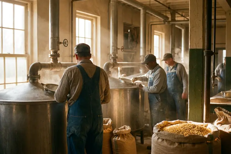 Opérateurs de dos entre des cuves et des tuyauteries, près de grains de maïs, dans une amidonnerie.