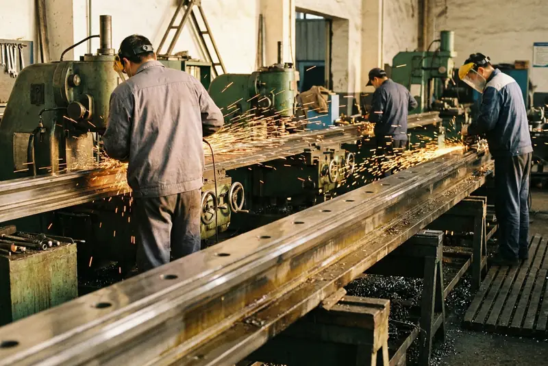 Opérateurs de dos rectifiant de longues glissières d'acier, rails de guidage linéaire, dans un atelier.