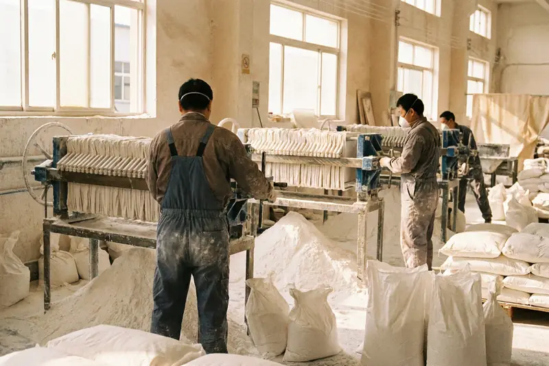 Opérateurs de dos devant des filtres-presses et une poudre de pigment blanc, dans un atelier chimique.