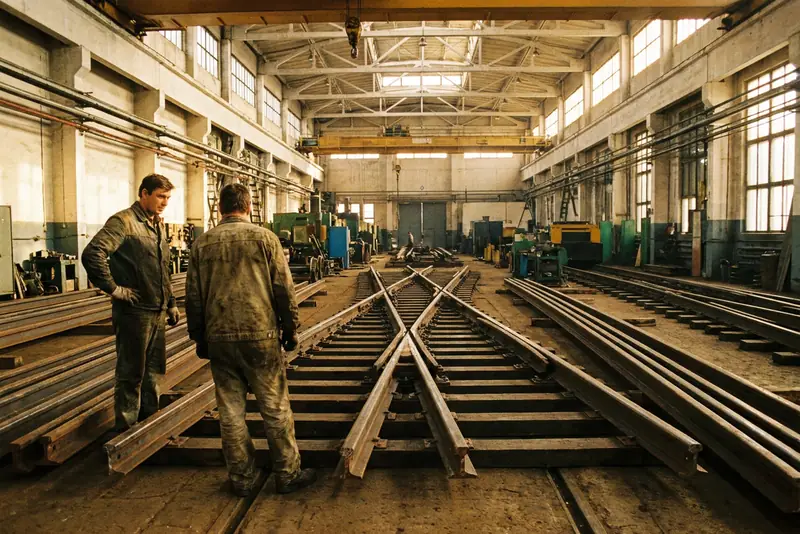 Deux ouvriers de dos parmi des rails et des aiguillages en acier, dans un hall ferroviaire.